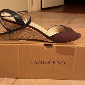 Lands’End Espresso wedge linen quarter strap sandal, size 9, NEW